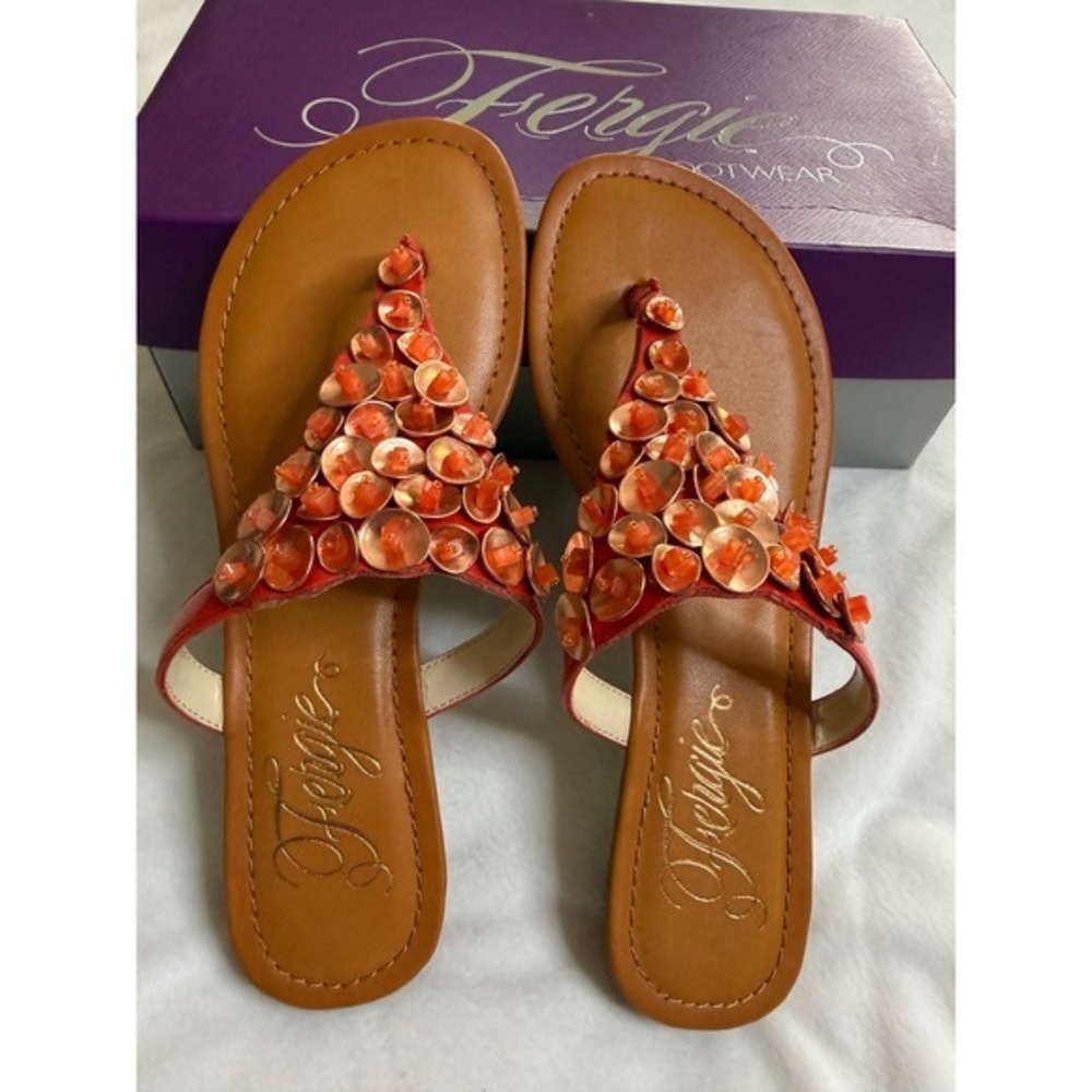 Fergie Tarca Coral Red Embellished Thong Sandals Low Wedge Women 6M B7679S1650